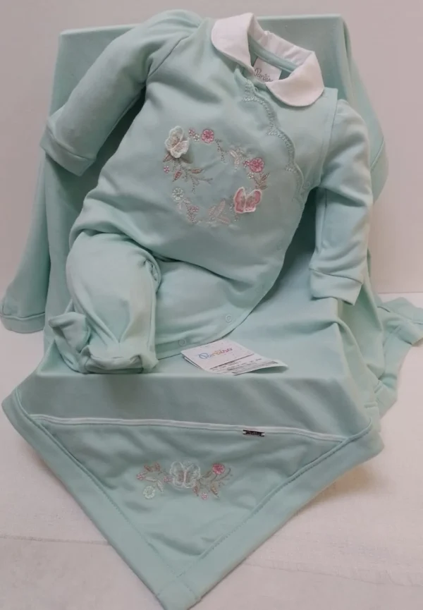 15386- Saída Maternidade Bebê Menina Malha Bordado Paraiso- Tiffany Claro - Image 2