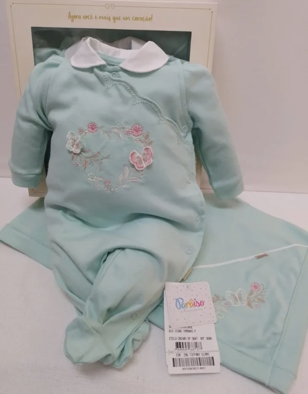 15386- Saída Maternidade Bebê Menina Malha Bordado Paraiso- Tiffany Claro
