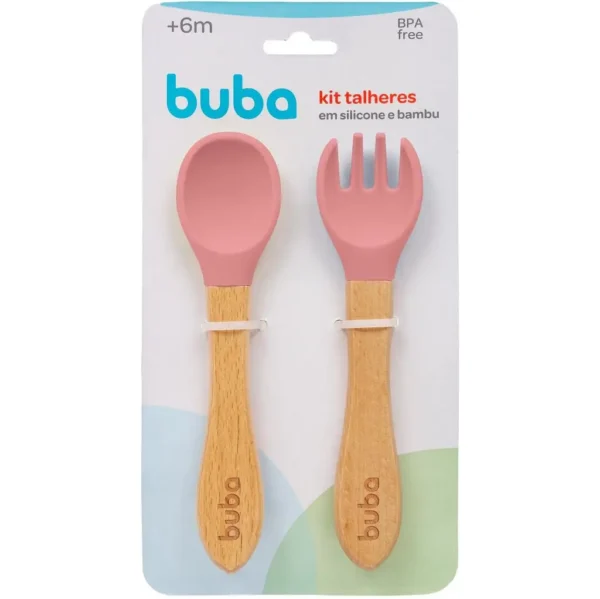 Kit Talheres Rosa Infantil De Silicone E Bambu 15826 - Buba