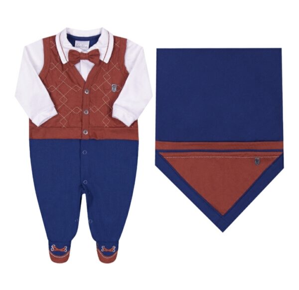 15376- Saída Maternidade Masculina de Macacão Longo e Manta em Piquet Paraiso Azul Marinho