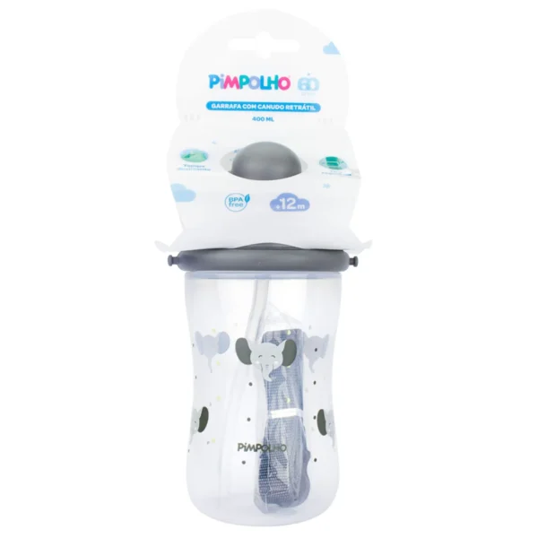 98031- Garrafa com tampa retrátil e cordinha 400ML- Cinza/Elefante