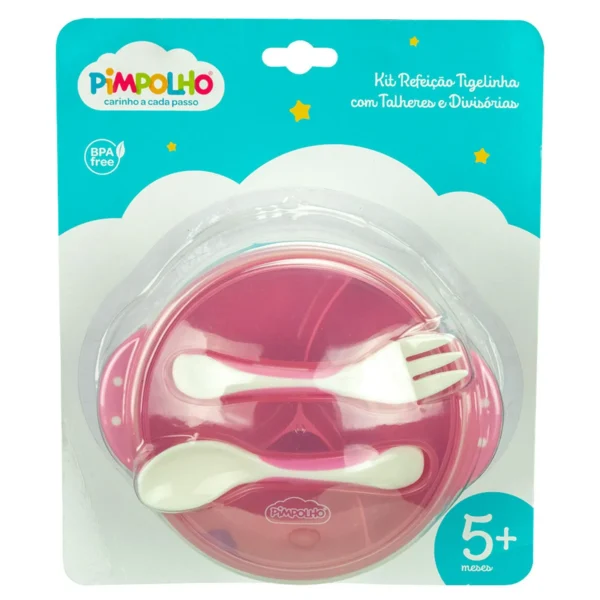 92101- Kit Refeição Tigelinha com Talheres e Divisória Rosa