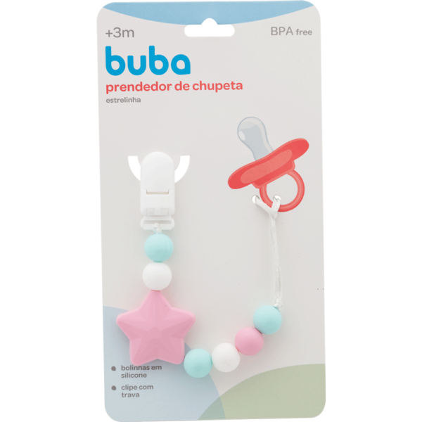 6764 Prendedor de chupeta rosa estrela silicone Buba